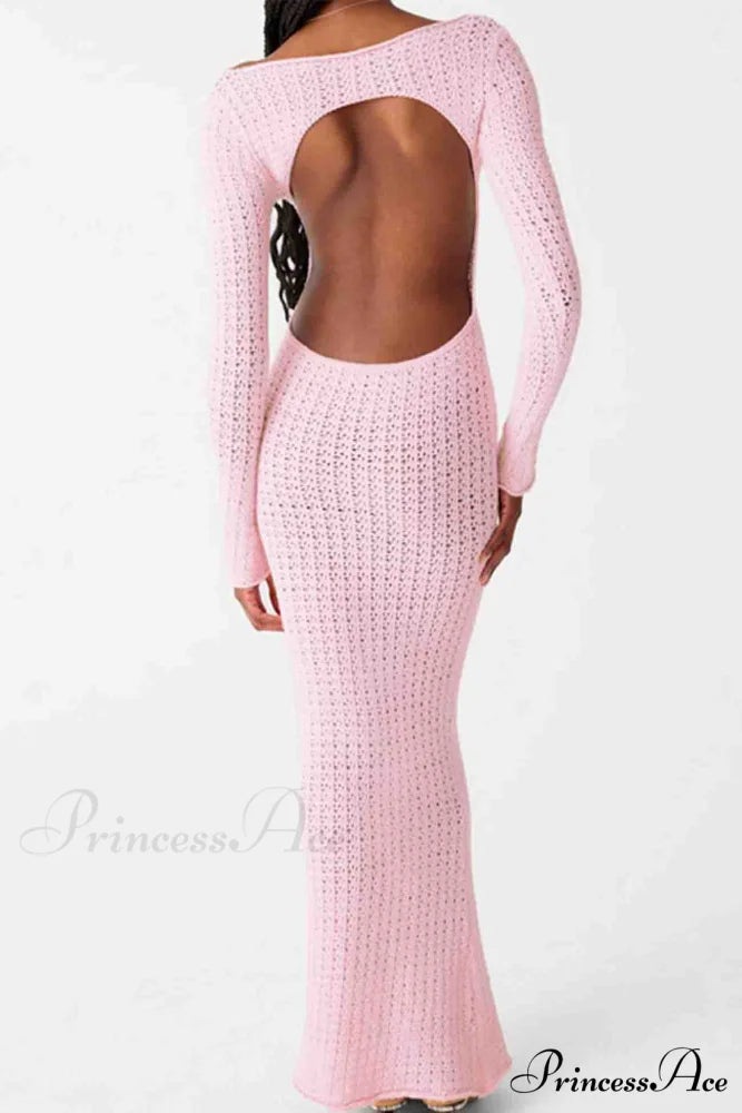 Long Sleeve Backless Knitted Midi Dress with Hollow Out Design