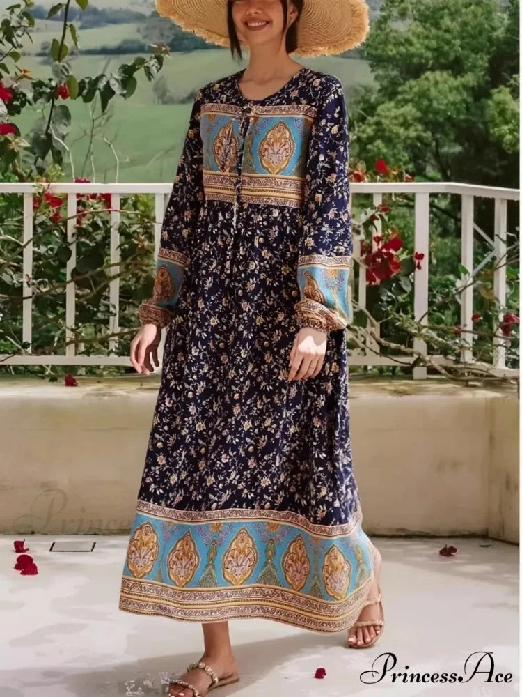 Long Sleeve Bind Neck Ethnic Floral Print Loose Kaftan Maxi Boho Dress