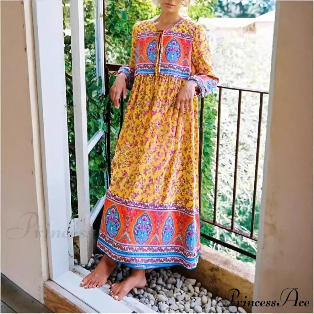 Long Sleeve Bind Neck Ethnic Yellow Floral Print Cotton Maxi Boho Dress