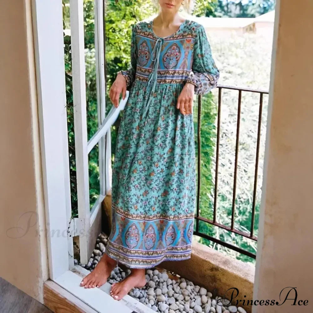 Long Sleeve Bind Neck Green Floral Maxi Rayon Boho Dress