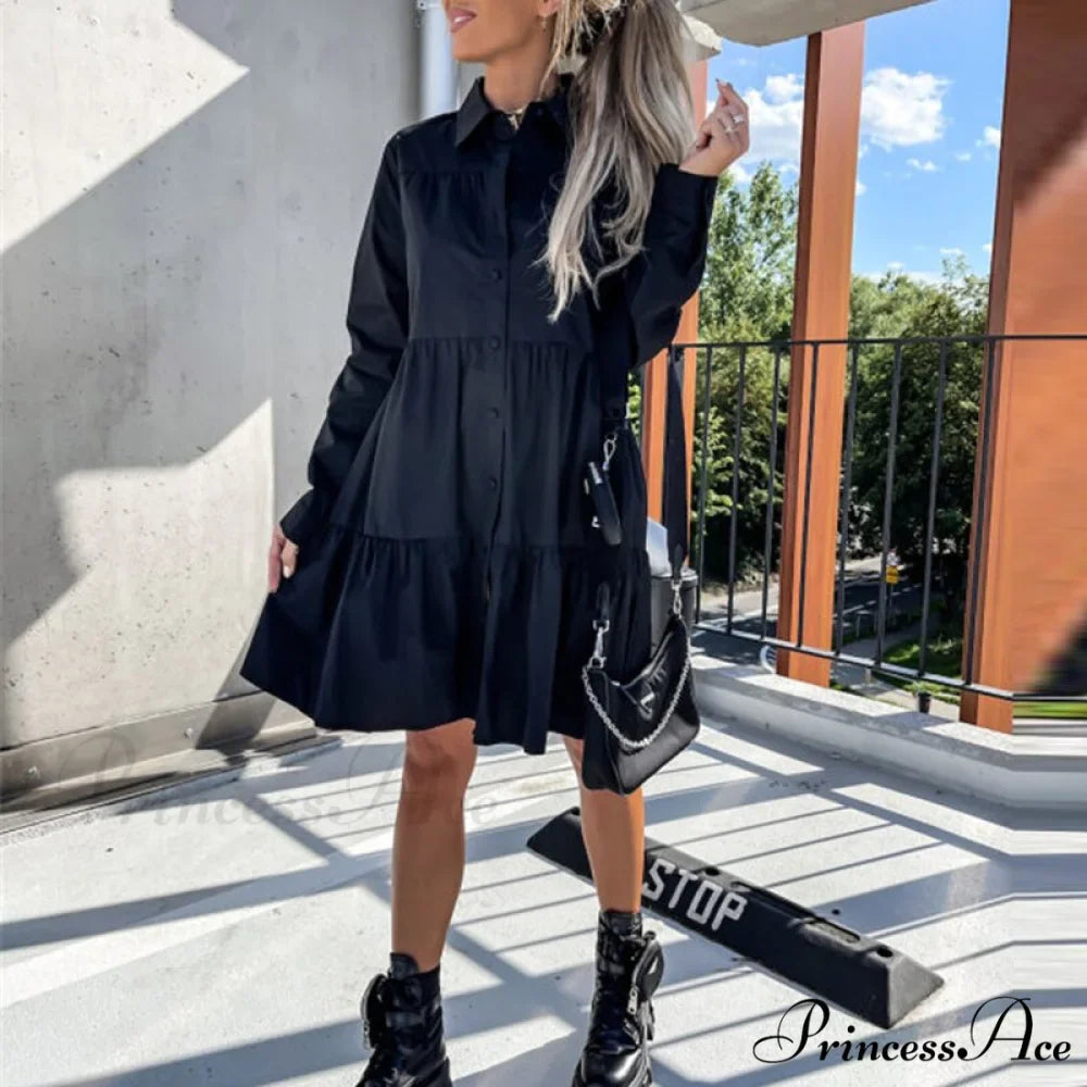 Long Sleeve Button Party Casual Loose Shirt Dress