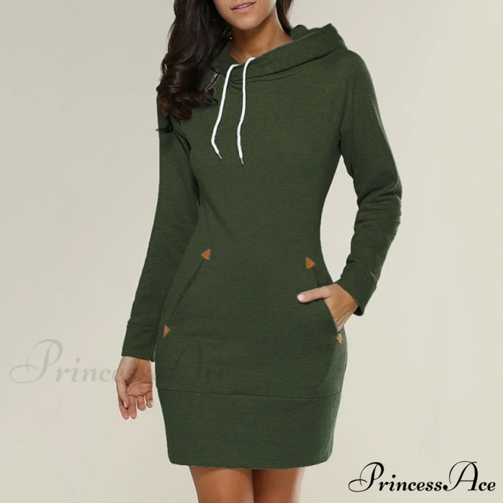 Long Sleeve Camp Collar Pocket Simple Dress