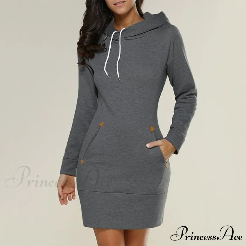 Long Sleeve Camp Collar Pocket Simple Dress