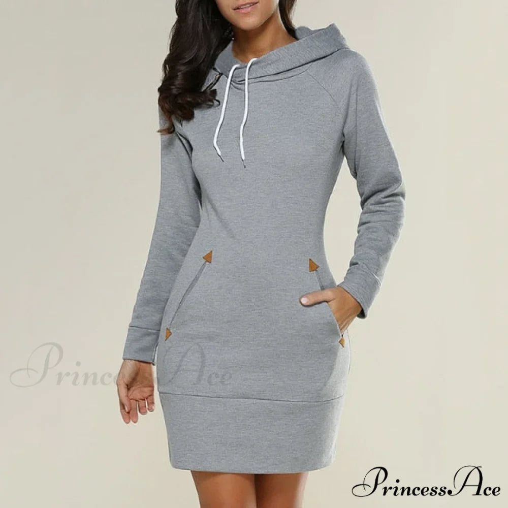 Long Sleeve Camp Collar Pocket Simple Dress