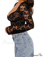 Long Sleeve Casual Lace Floral Mesh Sheer Pullover T-shirts