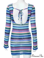 Long Sleeve Casual Striped Backless Fall Party Mini Dress