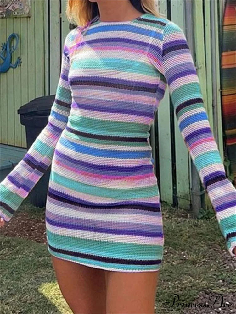 Long Sleeve Casual Striped Backless Fall Party Mini Dress