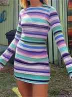 Long Sleeve Casual Striped Backless Fall Party Mini Dress