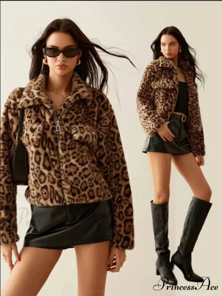Long Sleeve Cheetah Pattern Zipper Jacket
