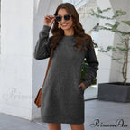 Long Sleeve Fashion Solid Loose Pocket Dress