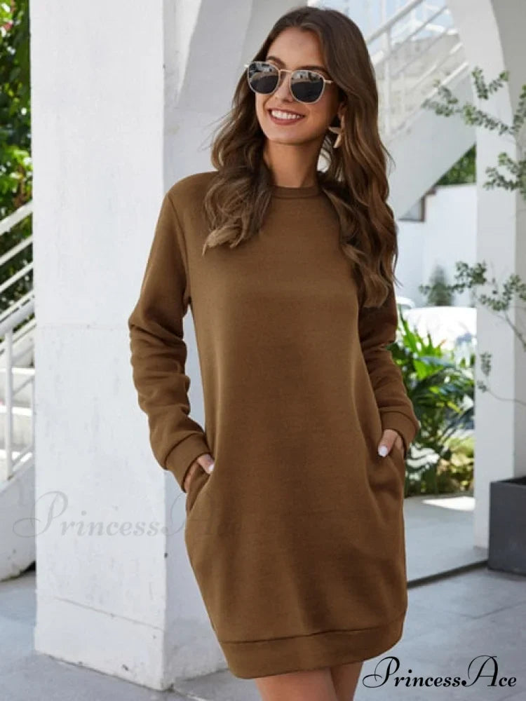 Long Sleeve Fashion Solid Loose Pocket Dress