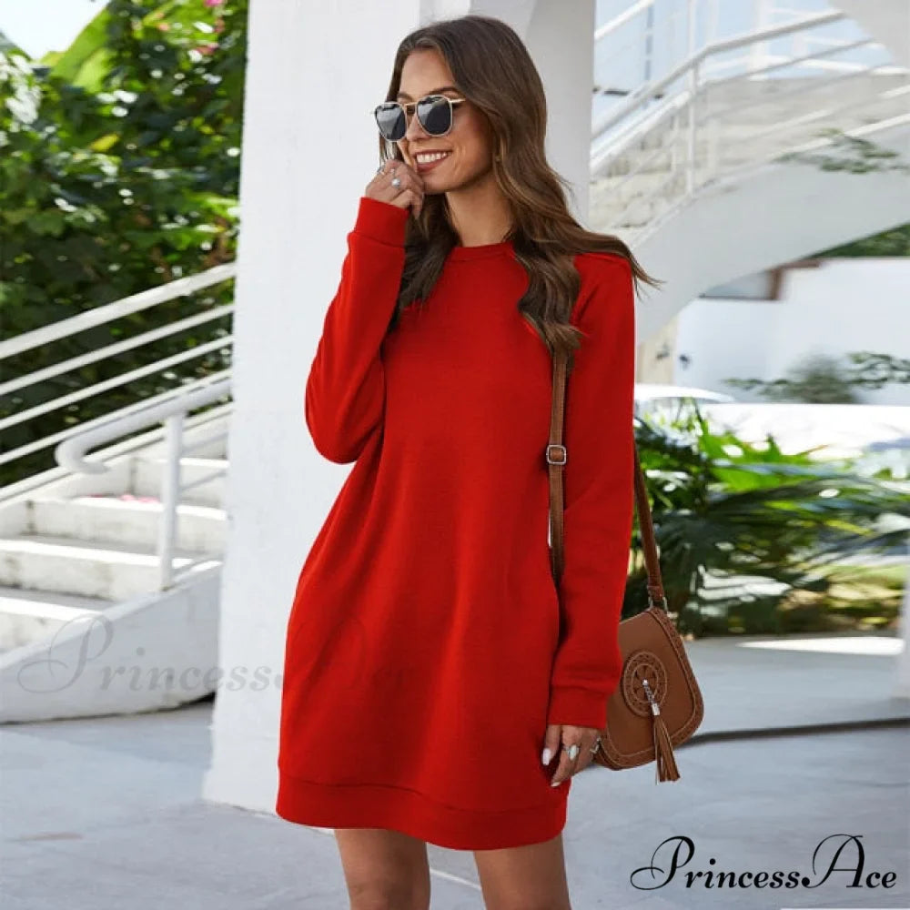 Long Sleeve Fashion Solid Loose Pocket Dress
