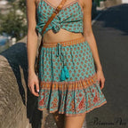 Long Sleeve Flower Pattern V-Neck Fringe Bohemian Top