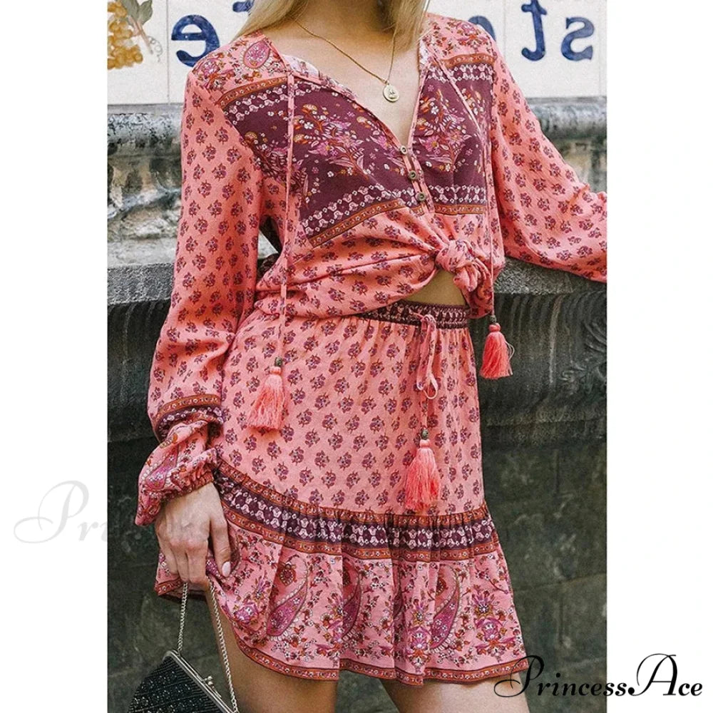 Long Sleeve Flower Pattern V-Neck Fringe Bohemian Top