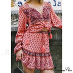 Long Sleeve Flower Pattern V-Neck Fringe Bohemian Top