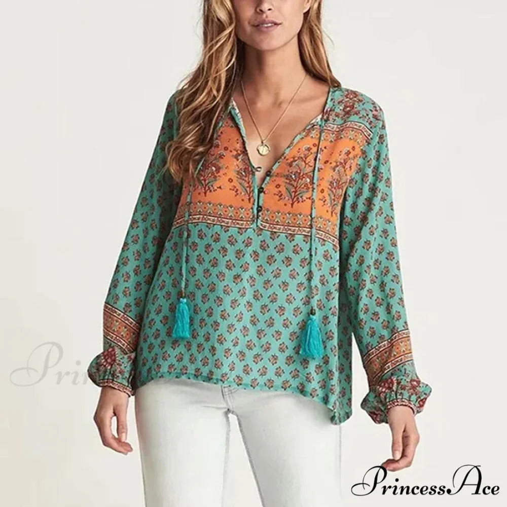 Long Sleeve Flower Pattern V-Neck Fringe Bohemian Top