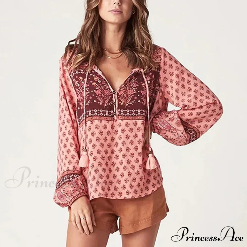 Long Sleeve Flower Pattern V-Neck Fringe Bohemian Top