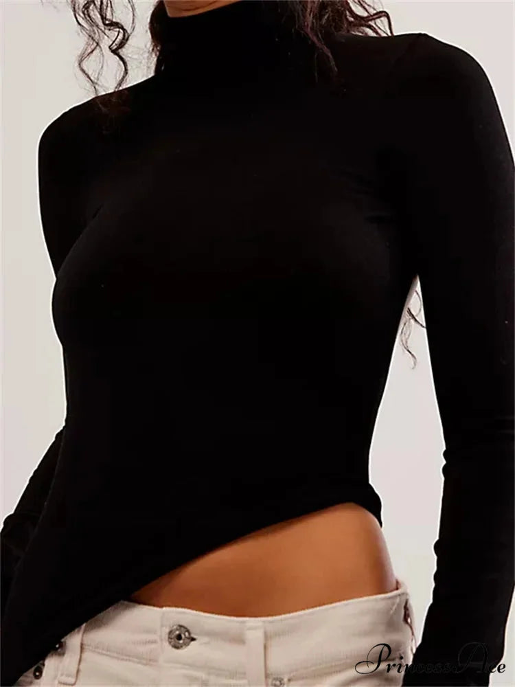 Long Sleeve High Neck Backless Slim Fit Solid Color T-Shirts