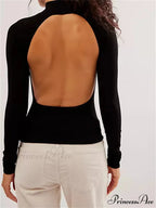 Long Sleeve High Neck Backless Slim Fit Solid Color T-Shirts