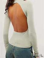 Long Sleeve High Neck Backless Slim Fit Solid Color T-Shirts