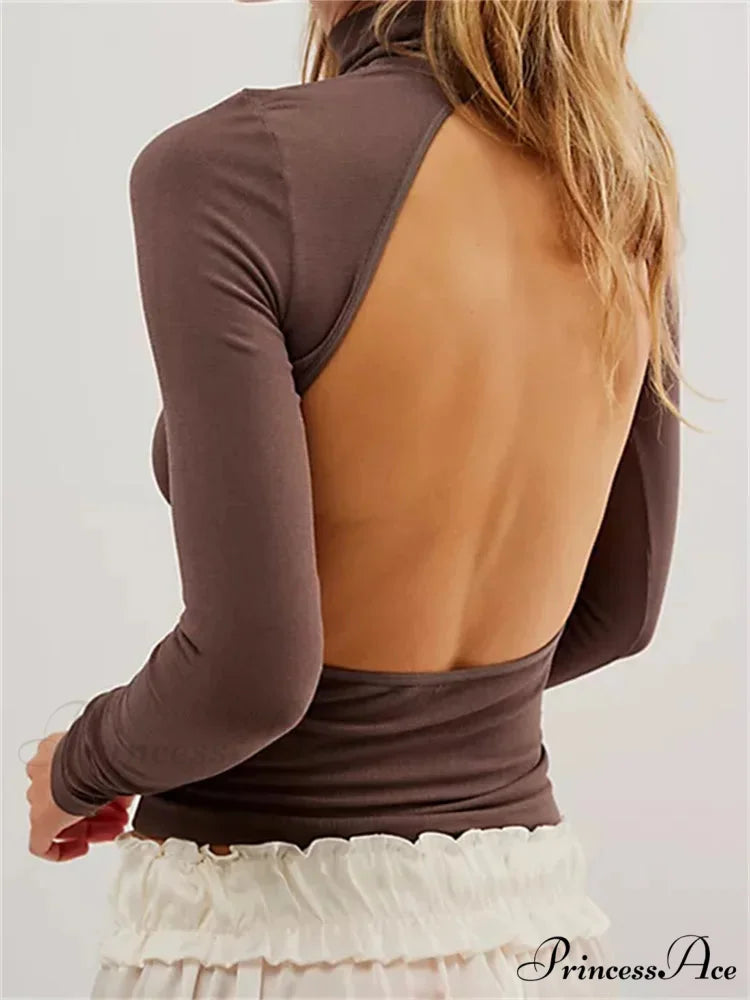 Long Sleeve High Neck Backless Slim Fit Solid Color T-Shirts