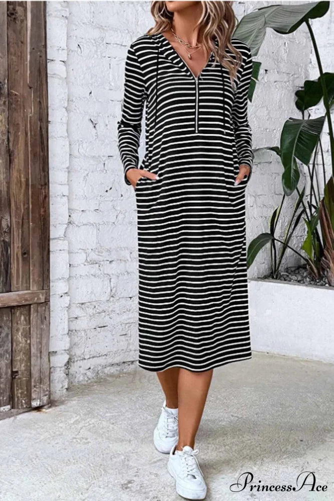 Long Sleeve Hooded Dress with Stripes