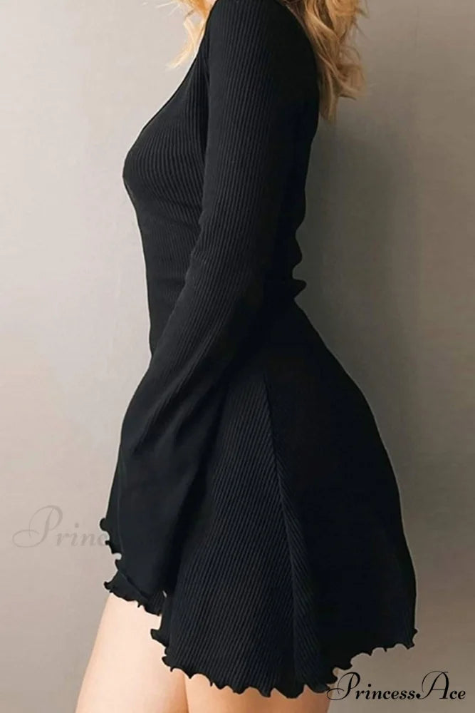 Long Sleeve Lacework Hem Dress with Round Neck