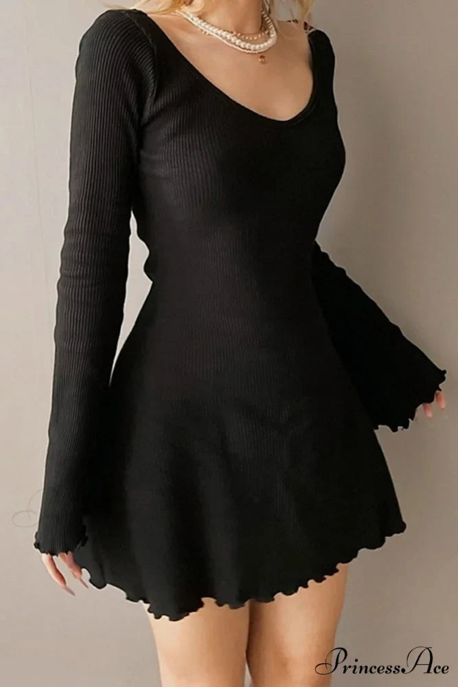 Long Sleeve Lacework Hem Dress with Round Neck