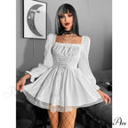 Long Sleeve Lolita Black Puff Sleeve High Waist Vintage Bandage Lace Trim Party Dress