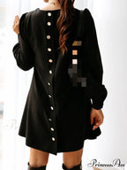 Long Sleeve Loose O-neck Button Solid A-line Elegant Dresses