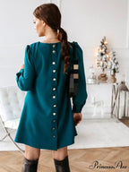 Long Sleeve Loose O-neck Button Solid A-line Elegant Dresses