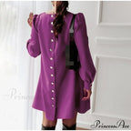 Long Sleeve Loose O-neck Button Solid A-line Elegant Dresses