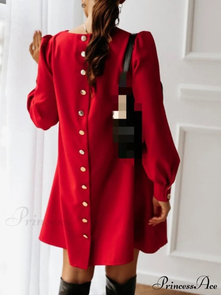 Long Sleeve Loose O-neck Button Solid A-line Elegant Dresses