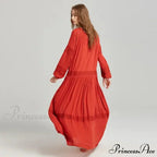 Long Sleeve Maxi Dress Crimson Floral Embroidery Fringe Boho Dress