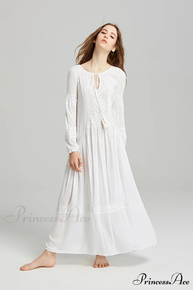 Long Sleeve Maxi Dress Crimson Floral Embroidery Fringe Boho Dress