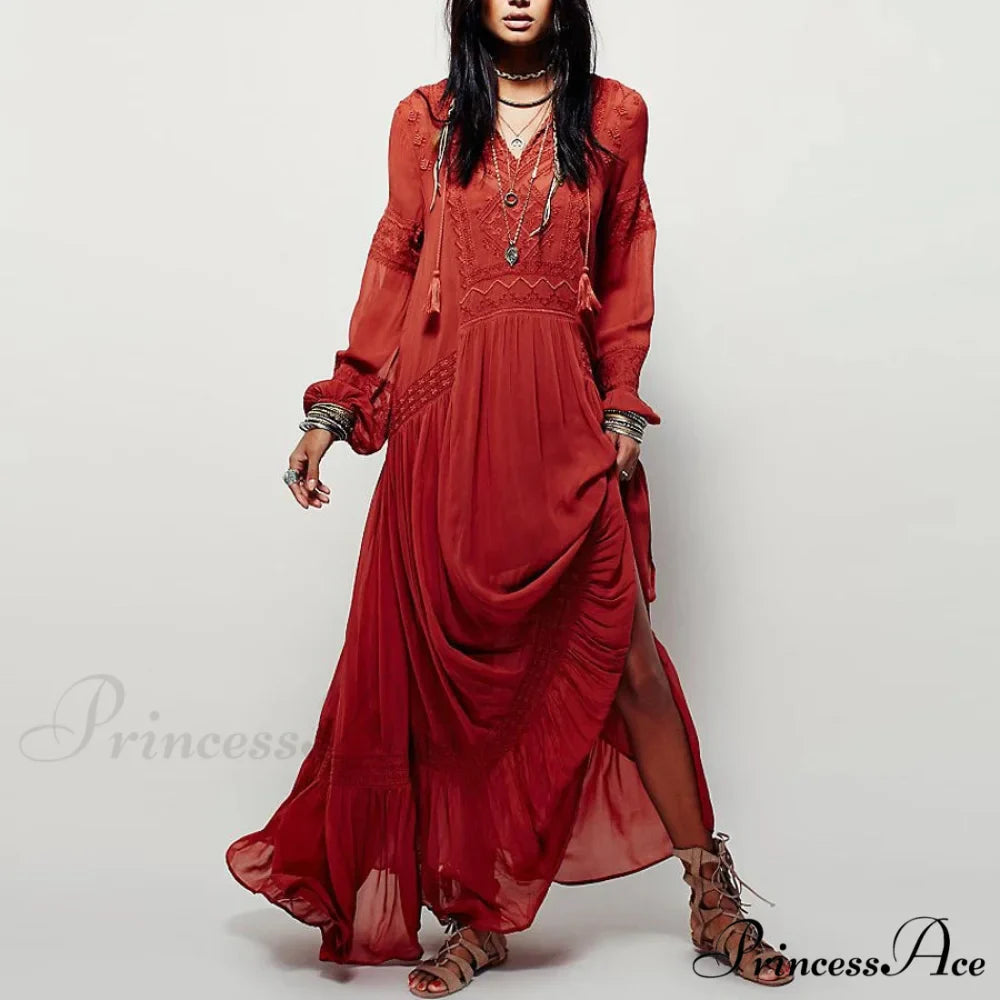Long Sleeve Maxi Dress Crimson Floral Embroidery Fringe Boho Dress