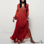 Long Sleeve Maxi Dress Crimson Floral Embroidery Fringe Boho Dress