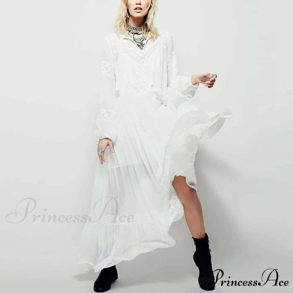 Long Sleeve Maxi Dress Crimson Floral Embroidery Fringe Boho Dress