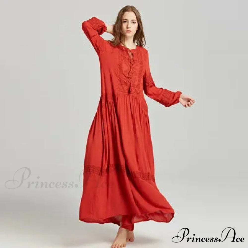 Long Sleeve Maxi Dress Crimson Floral Embroidery Fringe Boho Dress
