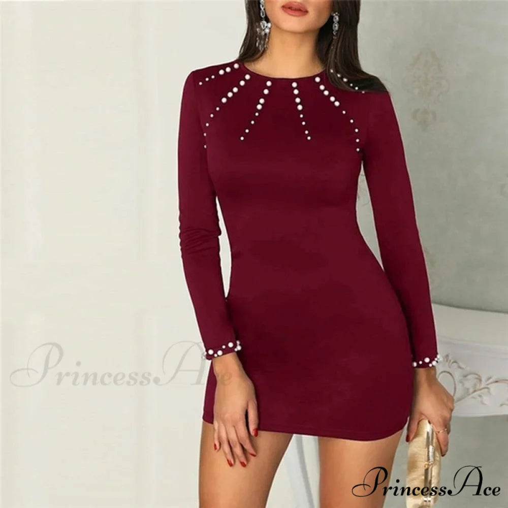 Long Sleeve O-neck Elegant Solid Slim Mini Dress