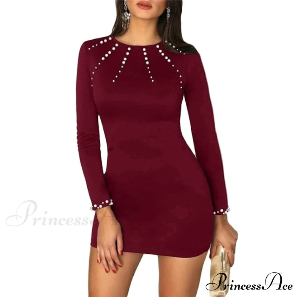 Long Sleeve O-neck Elegant Solid Slim Mini Dress