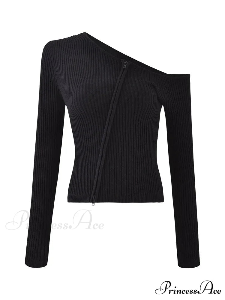 Long Sleeve Off Shoulder Front Zip Up Ribbed Knitted Cardigan T-Shirts