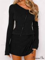 Long Sleeve Off Shoulder Front Zip Up Ribbed Knitted Cardigan T-Shirts