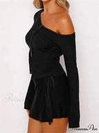 Long Sleeve Off Shoulder Front Zip Up Ribbed Knitted Cardigan T-Shirts