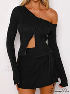 Long Sleeve Off Shoulder Front Zip Up Ribbed Knitted Cardigan T-Shirts