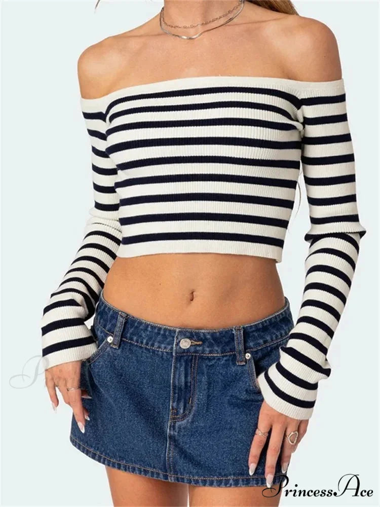 Long Sleeve Off-shoulder Striped Exposed Navel T-Shirts