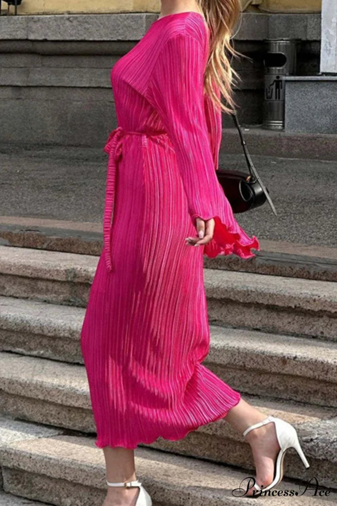 Long Sleeve Pleated Flares Dress with Tie-waist