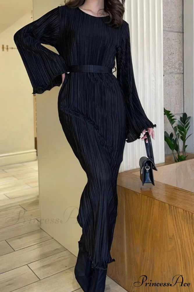 Long Sleeve Pleated Flares Dress with Tie-waist