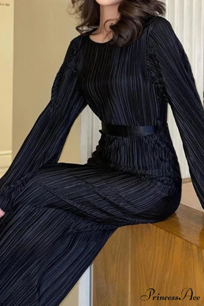 Long Sleeve Pleated Flares Dress with Tie-waist