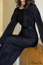 Long Sleeve Pleated Flares Dress with Tie-waist